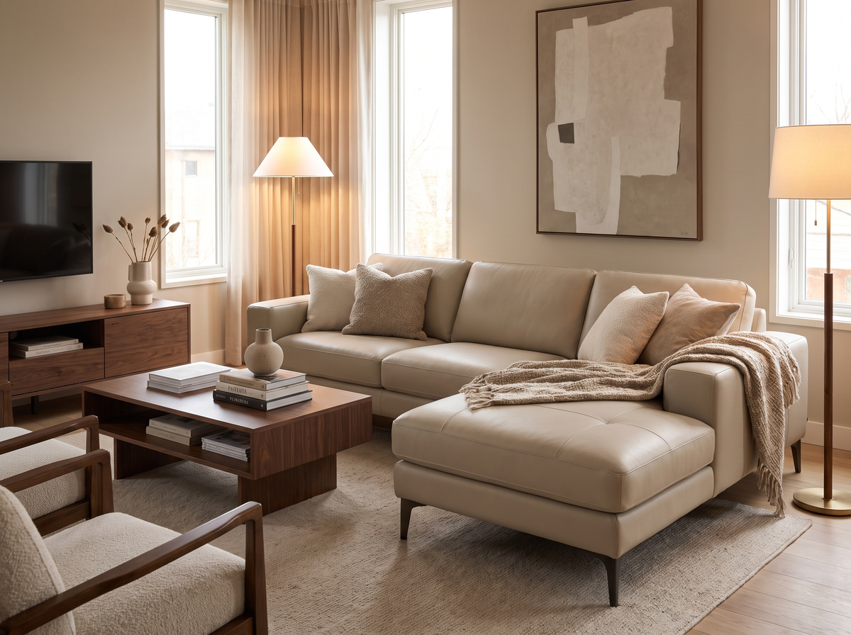 Canapé beige d'angle en cuir