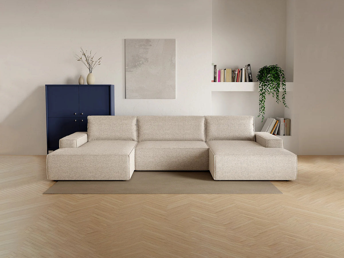 Canapé panoramique convertible beige en tissu - AMELIA