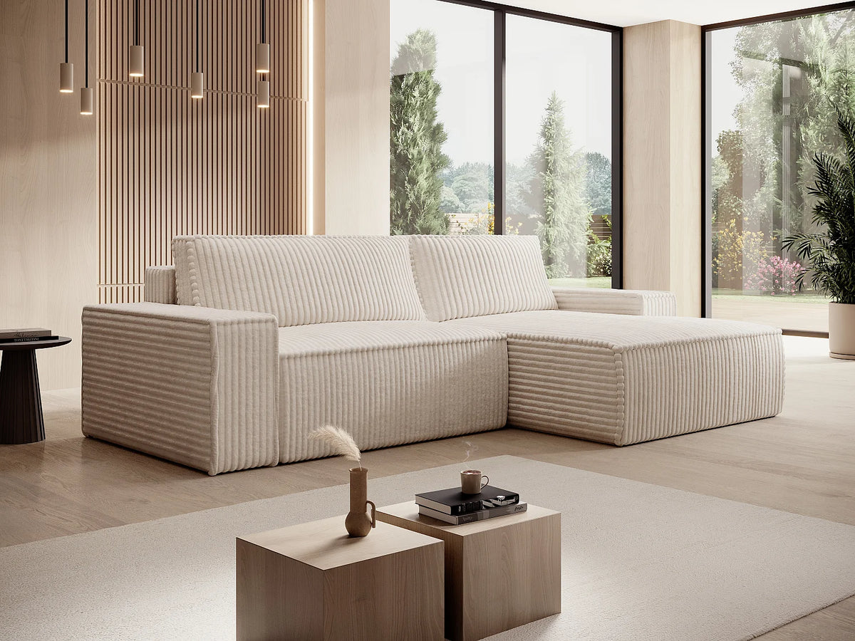 Canapé d'angle convertible beige en velours côtelé angle droit 267 cm - AMELIA