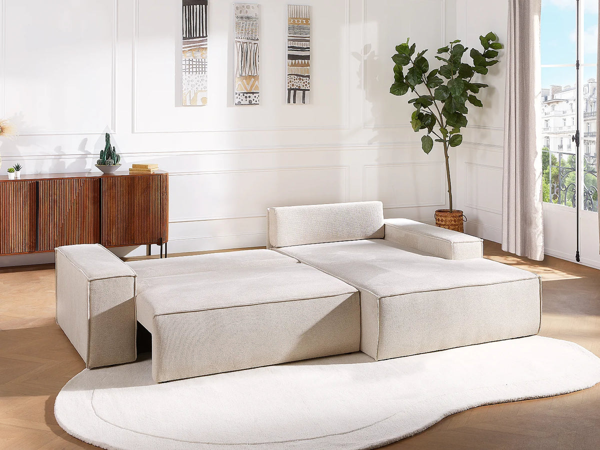 Canapé d'angle convertible beige en tissu - AMELIA