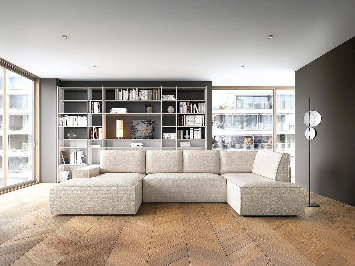 Canapé panoramique convertible beige en tissu angle gauche - AMELIA