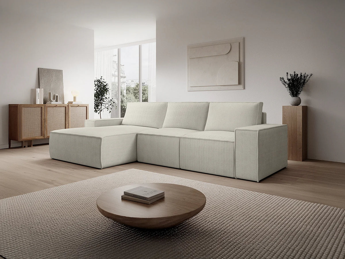 Canapé d'angle convertible beige en velours côtelé angle gauche 297 cm - AMELIA