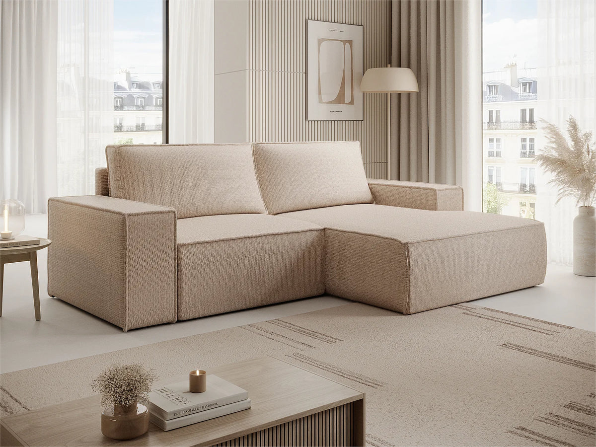 Canapé d'angle convertible beige en tissu angle droit - AMELIA