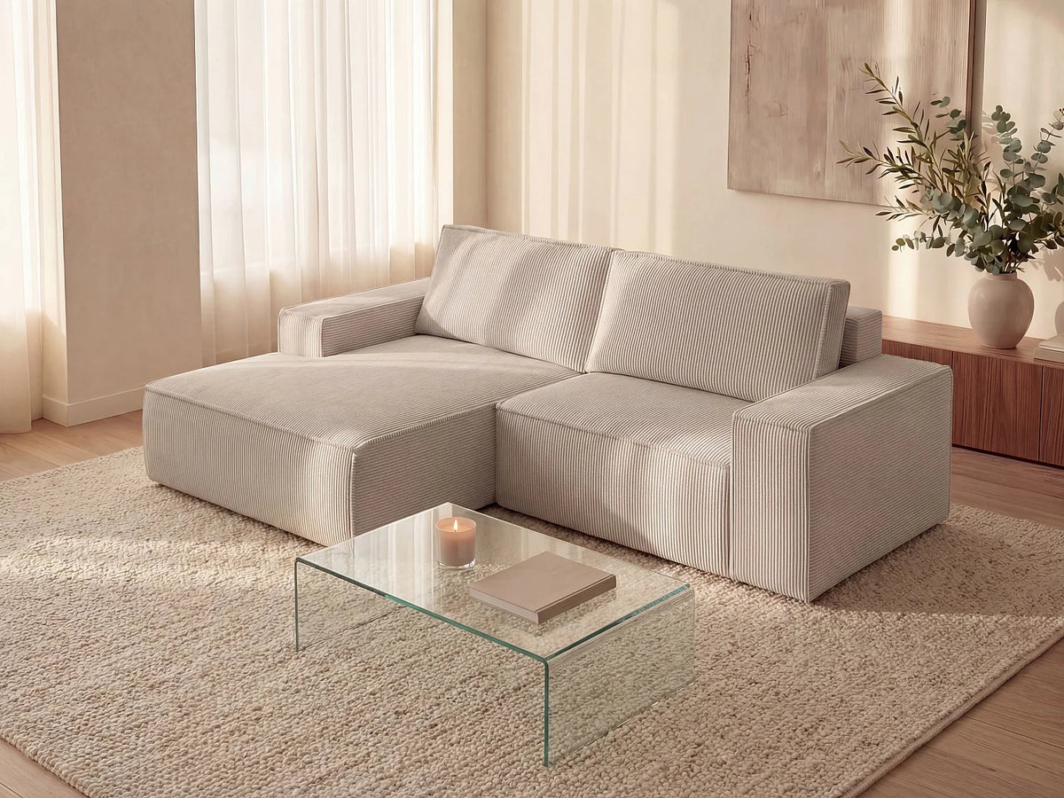 Canapé d'angle convertible beige en velours côtelé angle gauche 240 cm - AMELIA