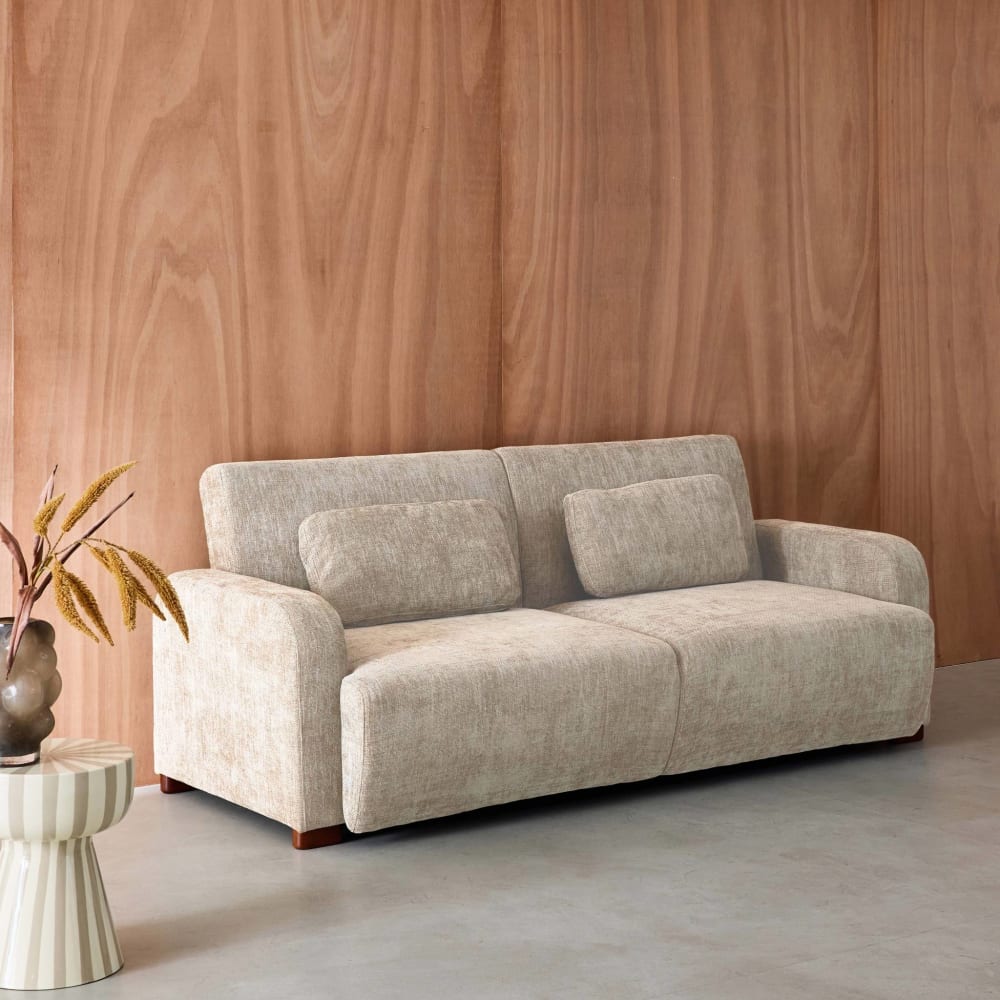 Canapé d'angle convertible beige en tissu 3 places 211 cm - SWEEEK