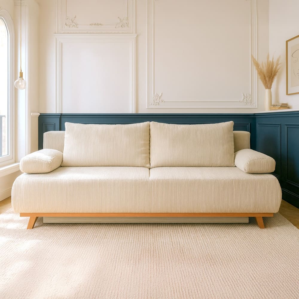 Canapé convertible beige en velours côtelé 3 places avec coffre 191 cm - HOMIFAB 84225