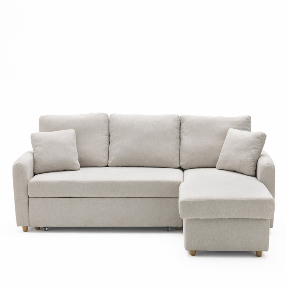 Canapé d'angle convertible beige en tissu chiné 3 places avec coffre - DRAWER