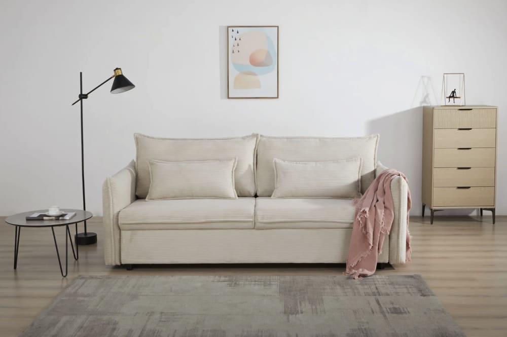 Canapé convertible beige en velours 3 places - MEUBLORAMA