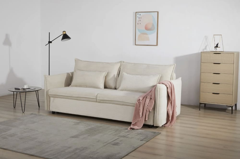 Canapé convertible beige en velours 3 places - MEUBLORAMA