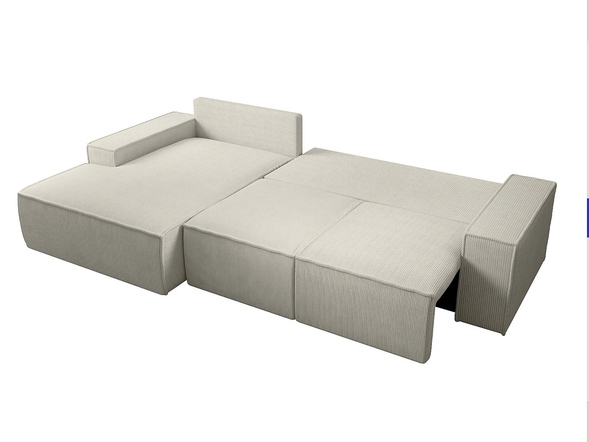 Canapé d'angle convertible beige en velours côtelé angle gauche 297 cm - AMELIA