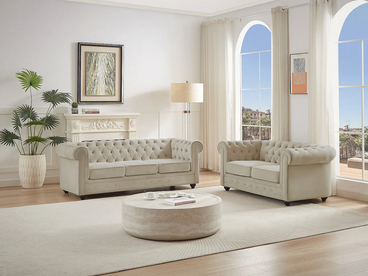 Canapé beige en velours 3 places 165 cm - CHESTERFIELD
