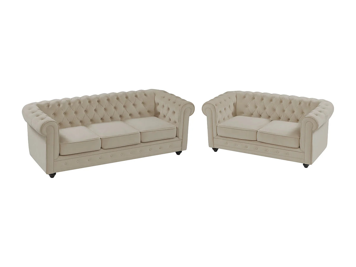 Canapé beige en velours 3 places 165 cm - CHESTERFIELD