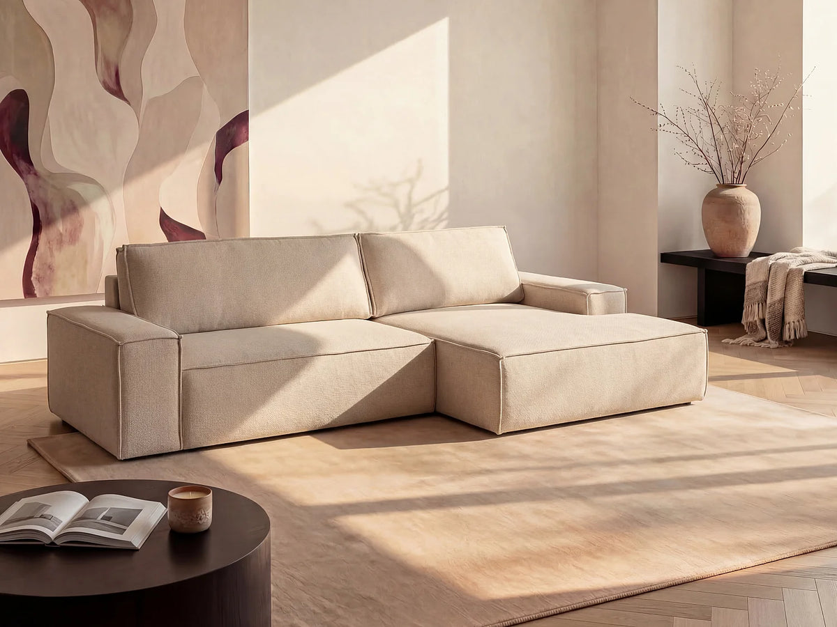 Canapé d'angle convertible beige en tissu - AMELIA
