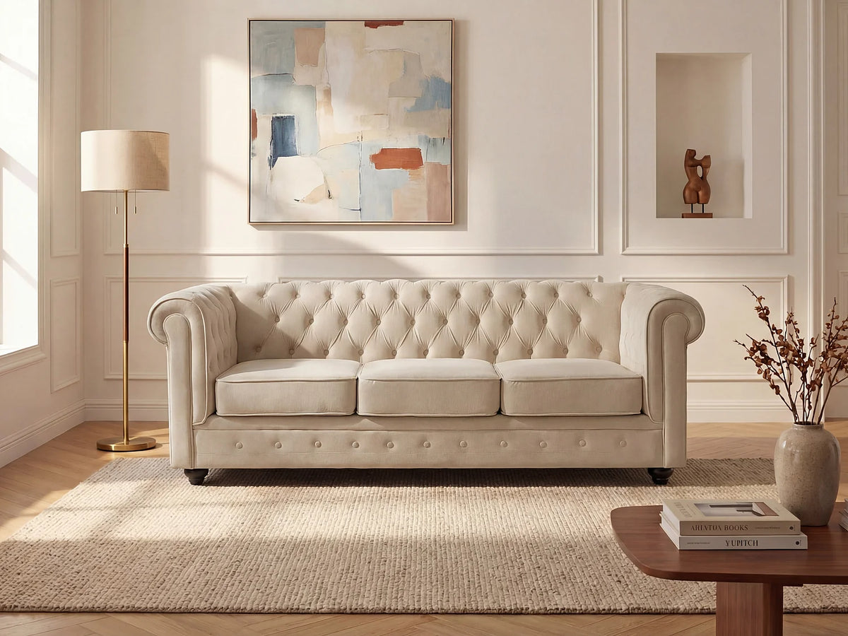 Canapé beige en velours 3 places - CHESTERFIELD