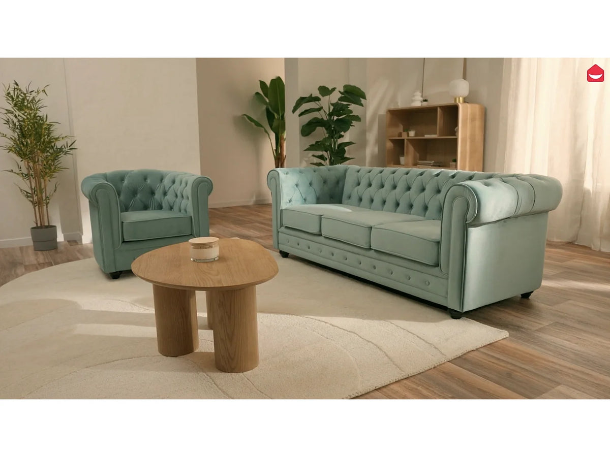 Canapé beige en velours 3 places - CHESTERFIELD