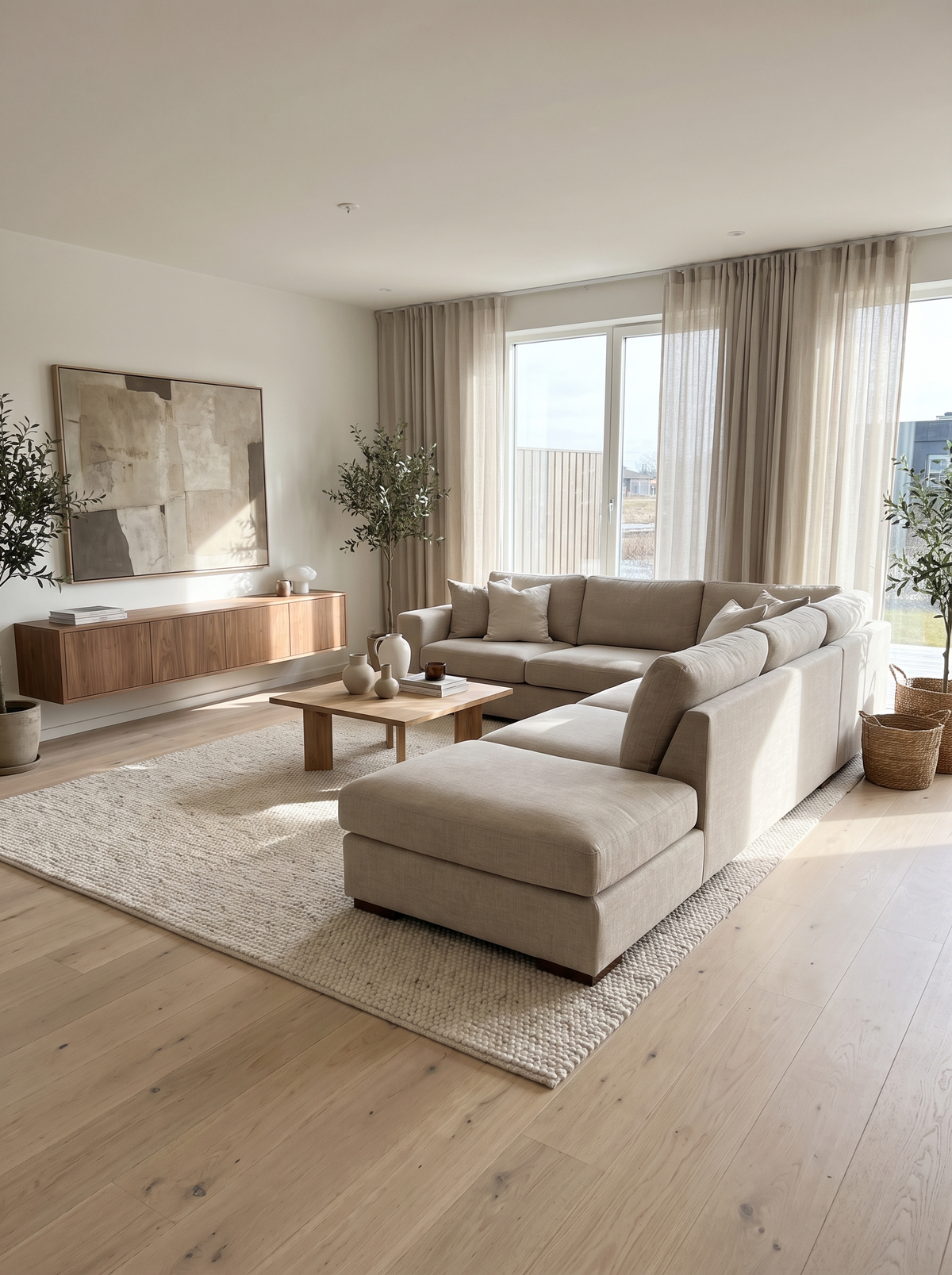 Canapé beige d'angle en tissu avec méridienne