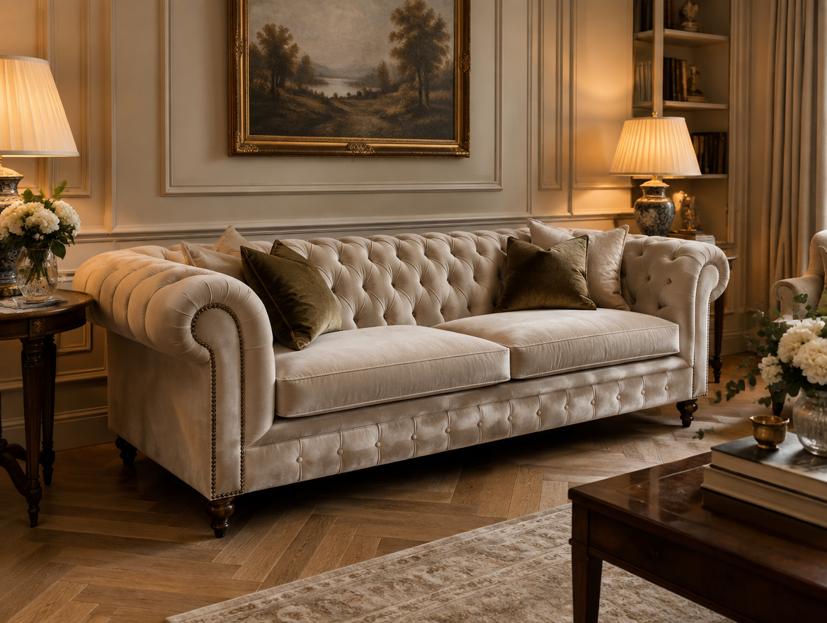 Canapé beige capitonné Chesterfield en velours