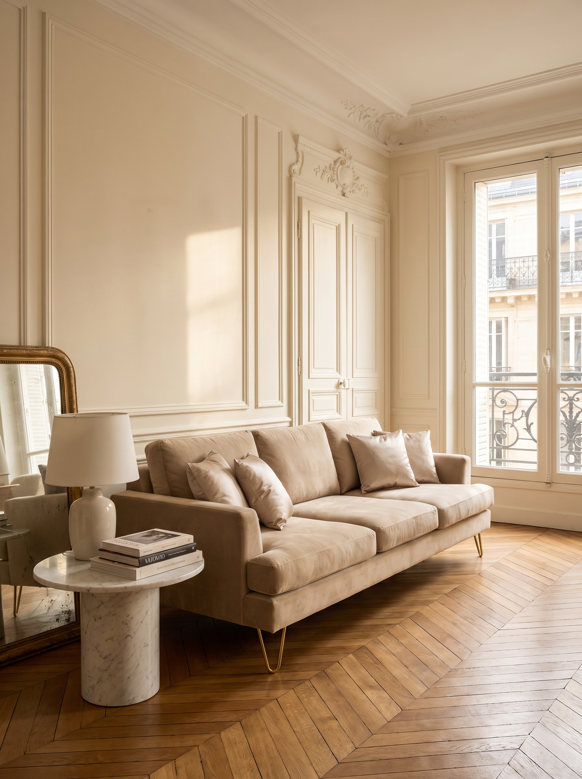Canapé beige en velours sur pieds dorés
