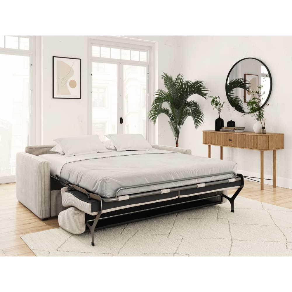 Canapé convertible beige en velours côtelé 3 places 178 cm - USINESTREET