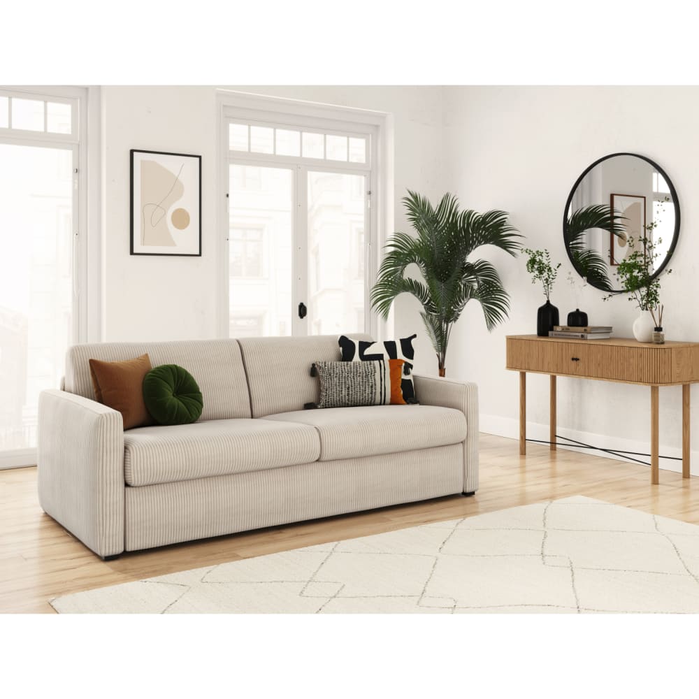 Canapé convertible beige en velours côtelé 3 places 178 cm - USINESTREET