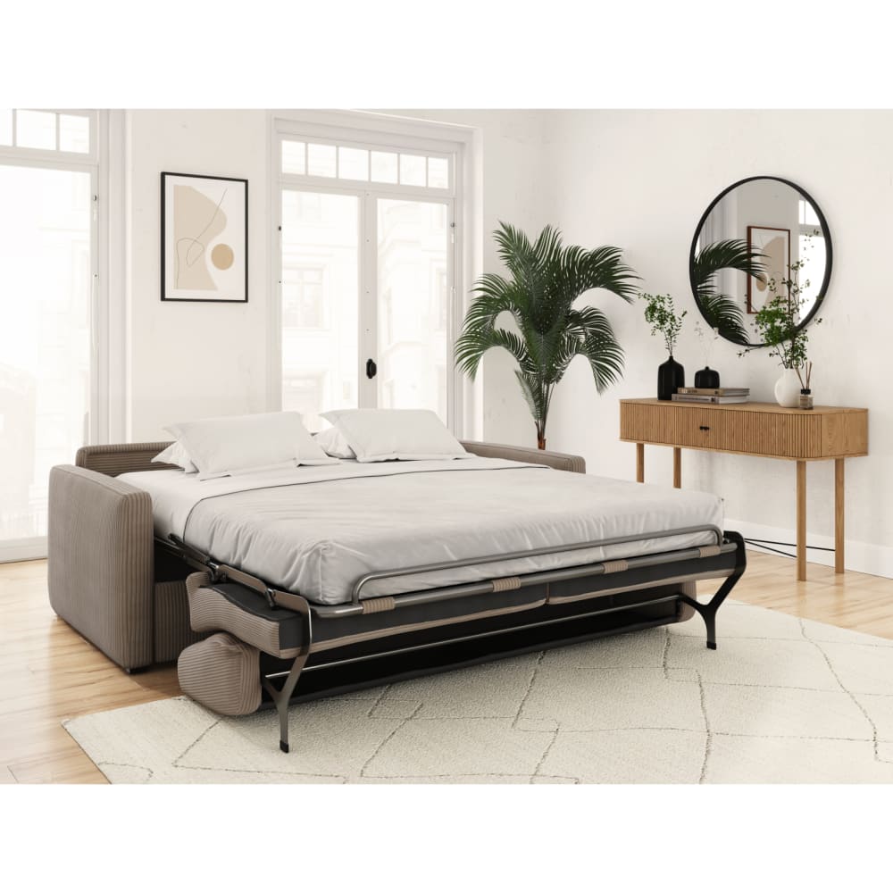 Canapé convertible taupe en velours côtelé 3 places 198 cm - USINESTREET