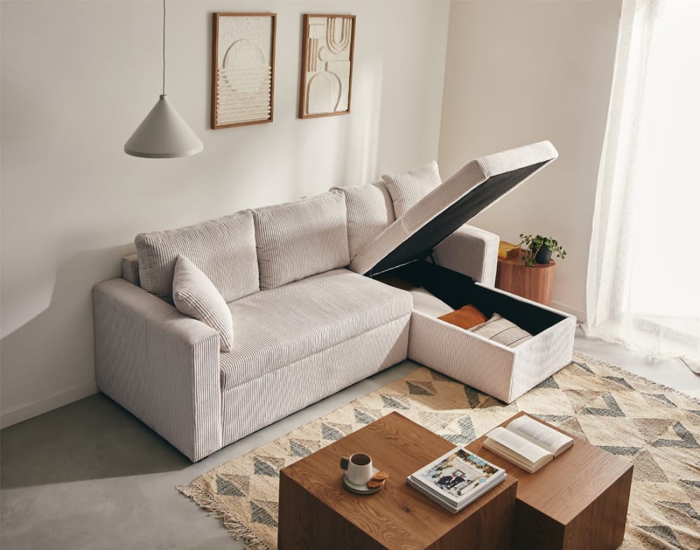 Canapé d'angle convertible beige en velours côtelé 4 places - BEST MOBILIER