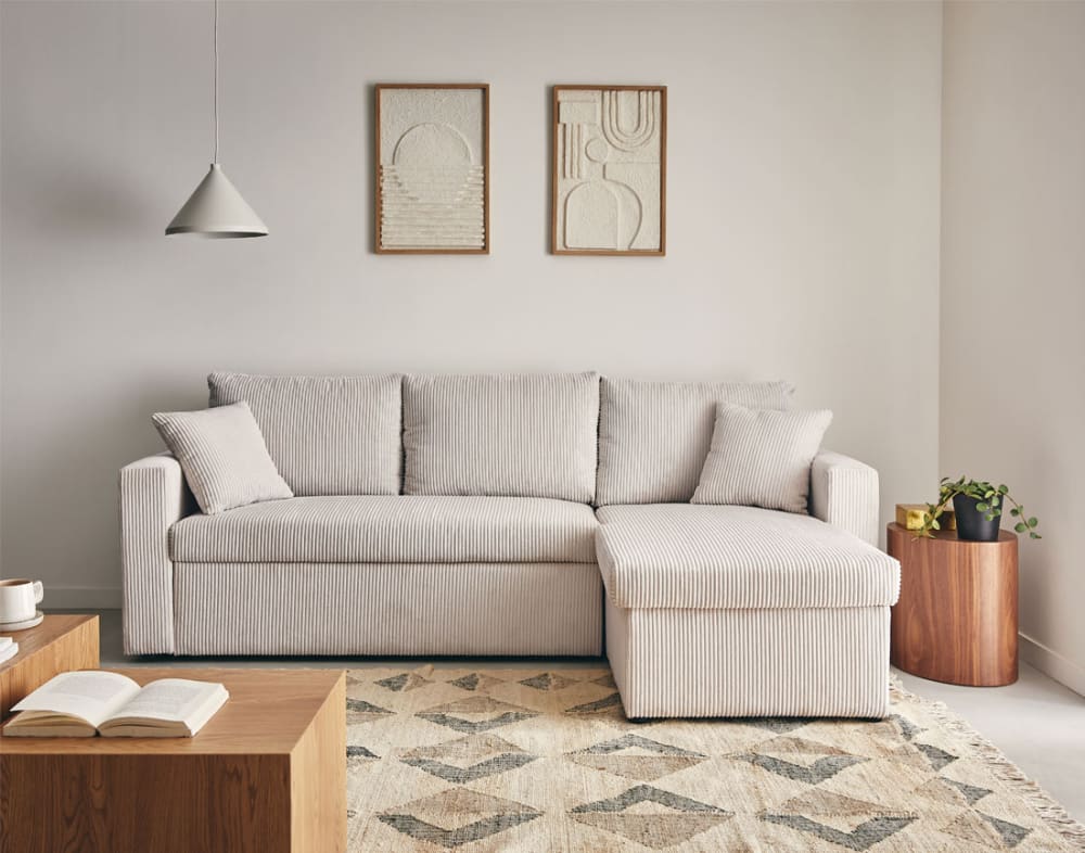Canapé d'angle convertible beige en velours côtelé 4 places - BEST MOBILIER