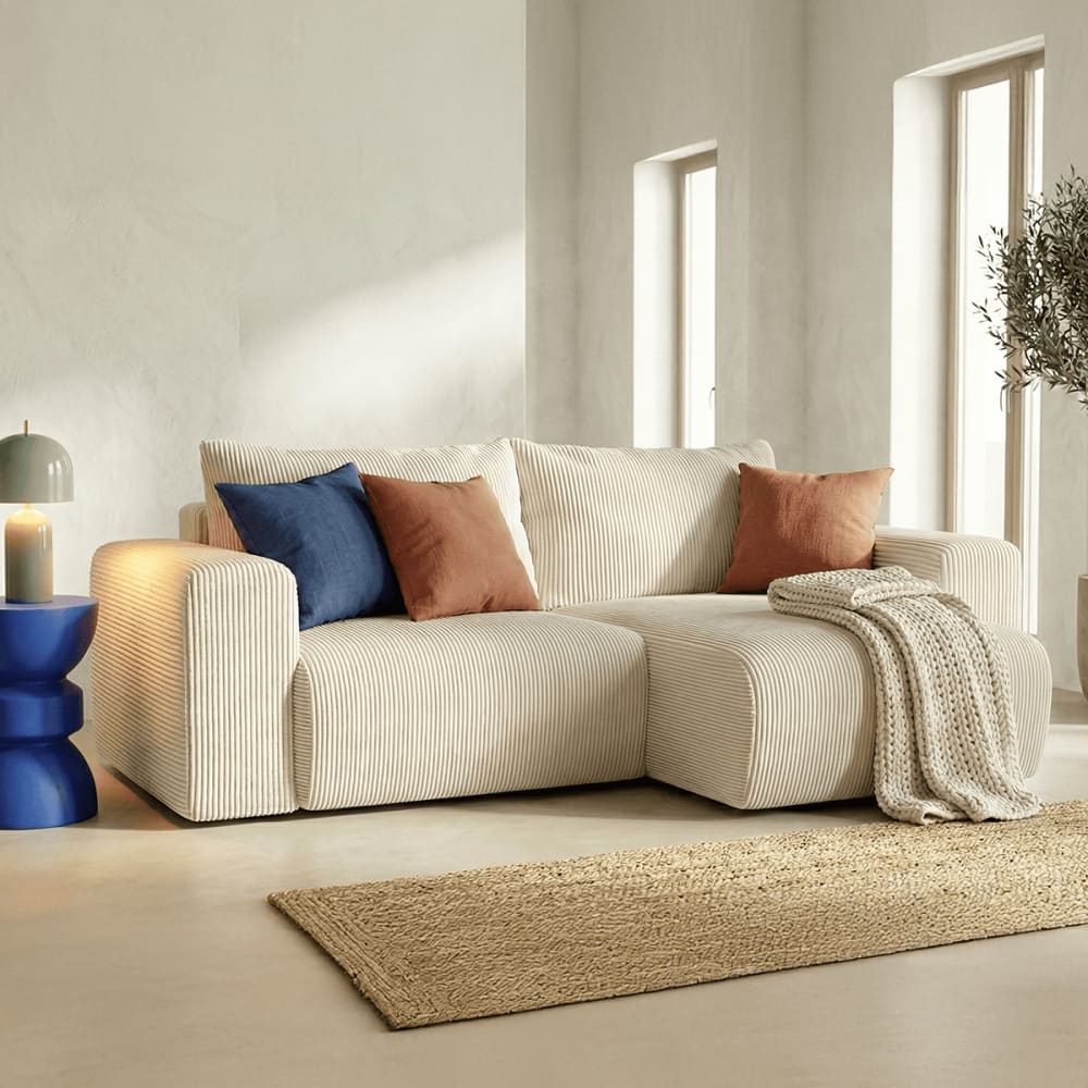 Canapé d'angle convertible beige en velours côtelé 3 places réversible - HOMIFAB
