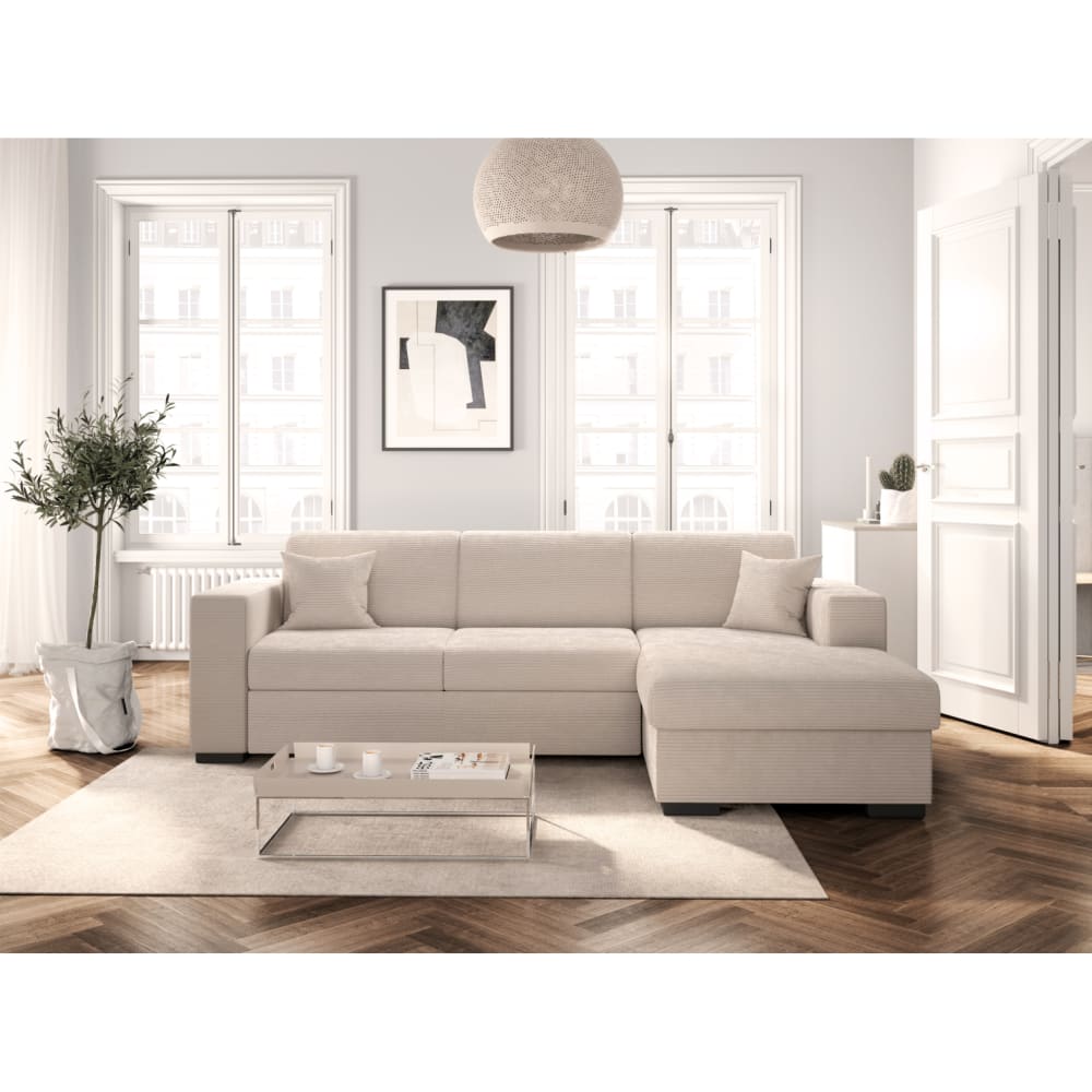 Canapé d'angle convertible beige en velours côtelé avec coffre angle droit 262 cm - USINESTREET