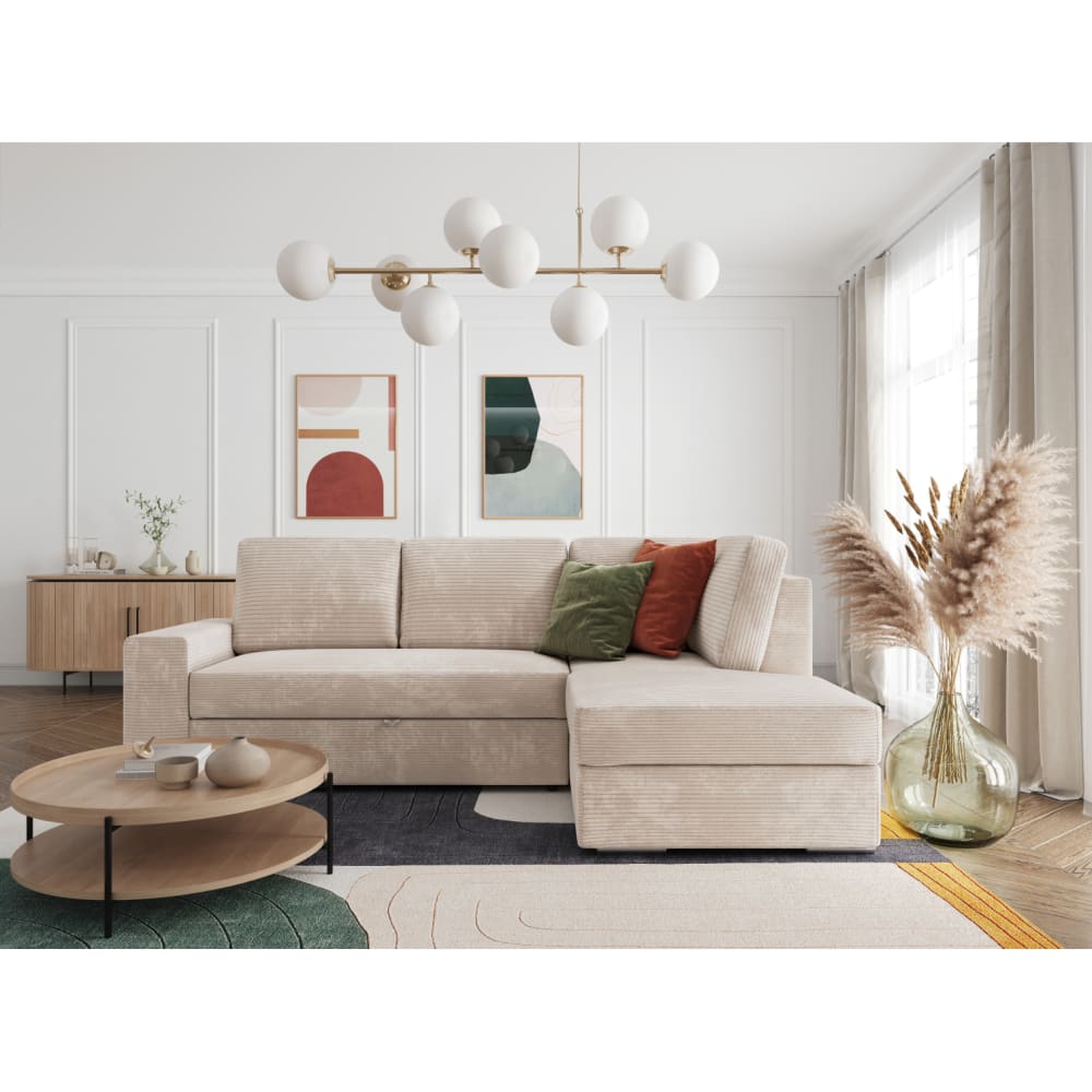 Canapé d'angle convertible beige en velours côtelé avec coffre angle droit - USINESTREET