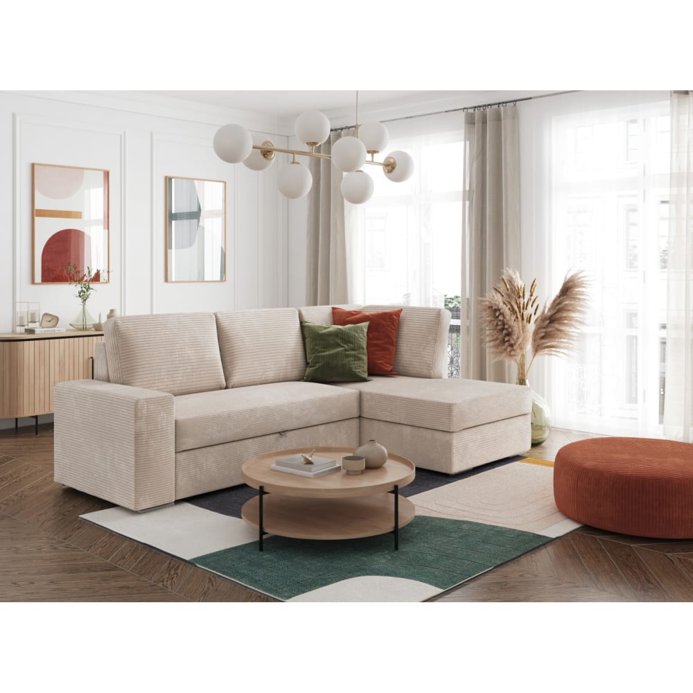 Canapé d'angle convertible beige en velours côtelé avec coffre angle droit - USINESTREET