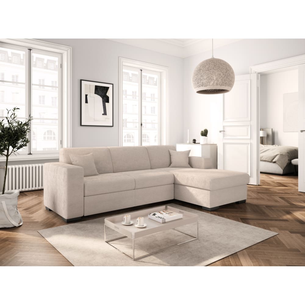 Canapé d'angle convertible beige en velours côtelé avec coffre angle droit 262 cm - USINESTREET