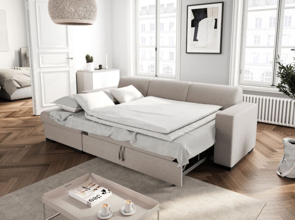 Canapé d'angle convertible beige en tissu angle gauche - USINESTREET