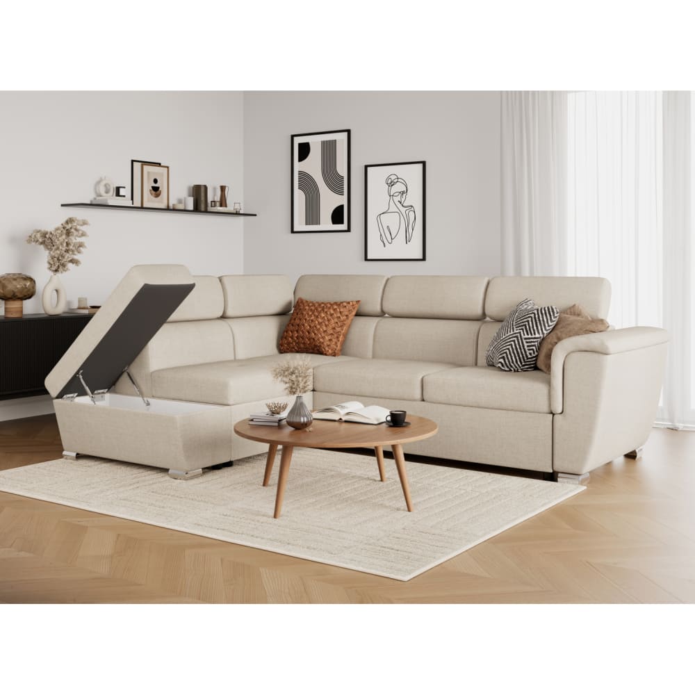 Canapé d'angle convertible beige en tissu angle gauche 252 cm - USINESTREET