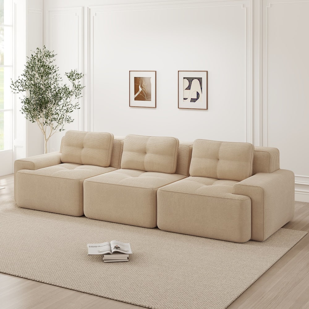 Canapé d'angle modulable beige en velours côtelé 3 places 293 cm - URBAN MEUBLE 02644