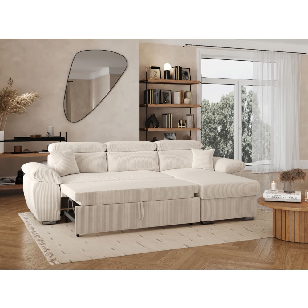 Canapé d'angle convertible beige en velours côtelé réversible - USINESTREET