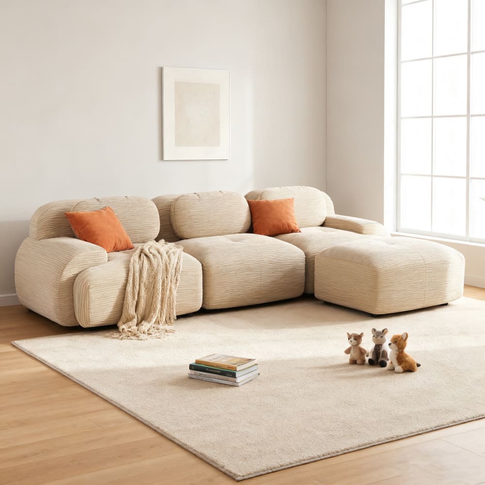Canapé d'angle modulable beige en velours côtelé 3 places - MEUBLES COSY