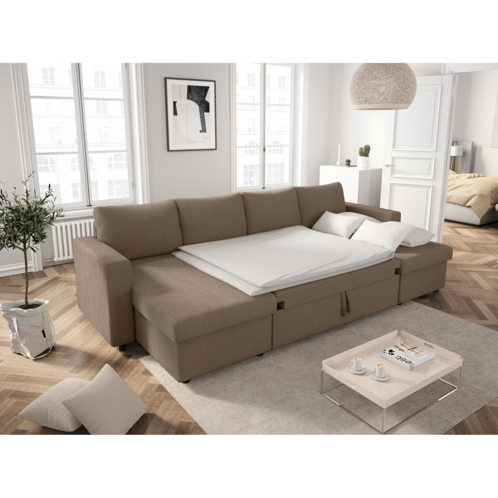 Canapé panoramique convertible taupe en velours côtelé avec coffre - USINESTREET