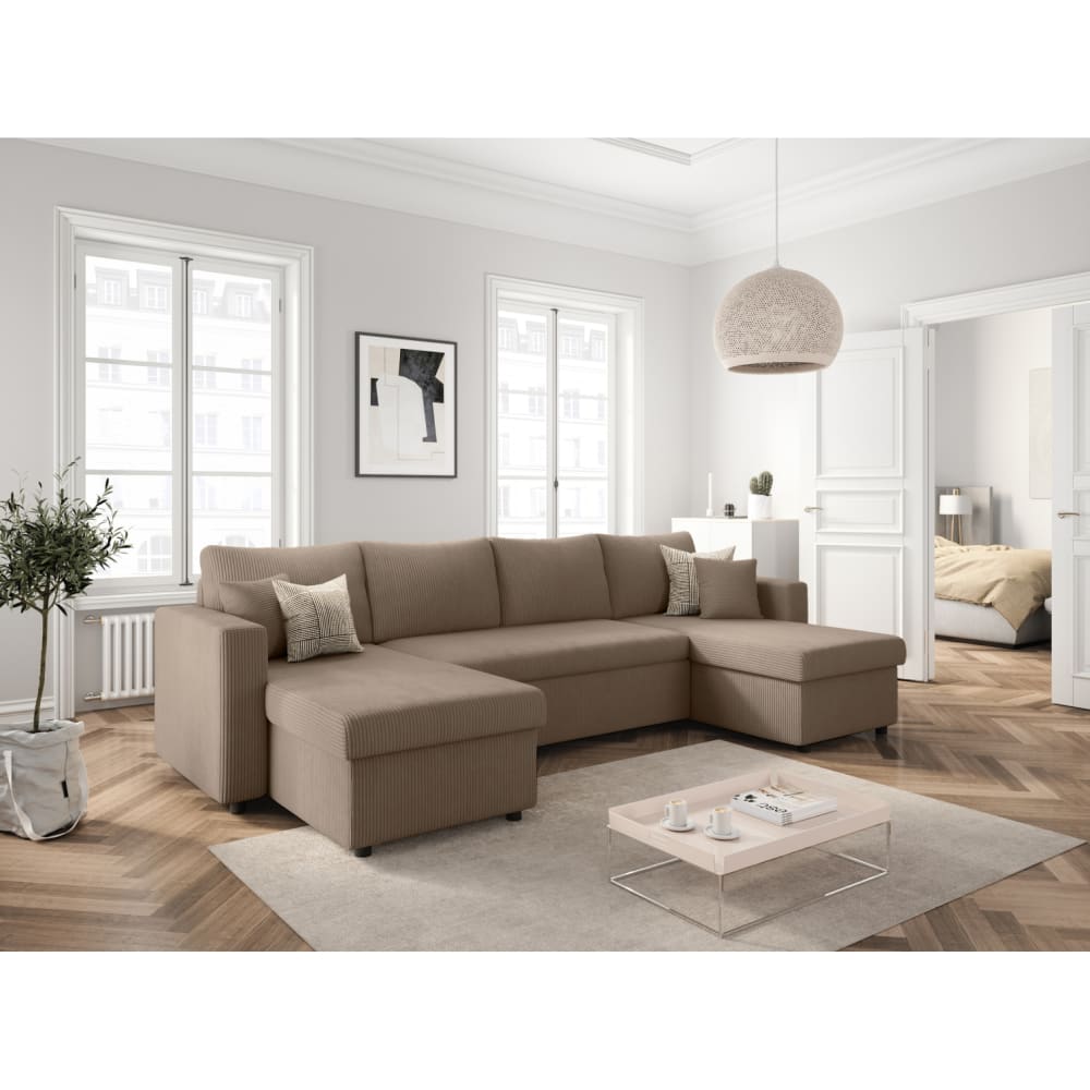 Canapé panoramique convertible taupe en velours côtelé avec coffre - USINESTREET